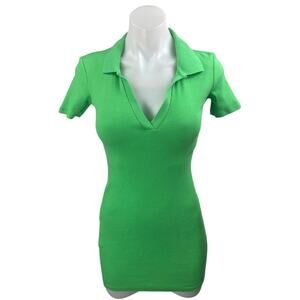 NEW Zara Green Short Sleeve Ribbed Knit Polo Shirt Mini Bodycon Dress Size S